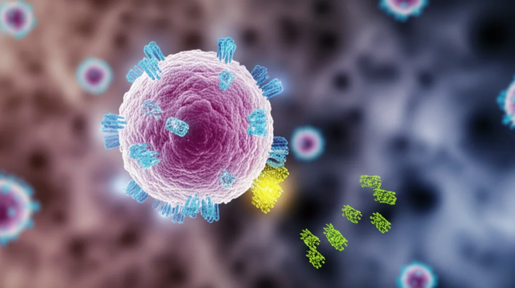 Visualizzazione 3D artistica ma scientificamente accurata di cellule tumorali polmonari (NSCLC) che migrano attraverso la barriera emato-encefalica per formare una metastasi cerebrale. In primo piano, una cellula tumorale con recettori EGFR sovraespressi (evidenziati in colore brillante) sulla sua superficie, che si sta staccando da altre cellule. Wide-angle lens, 15mm, long exposure per mostrare il movimento, focus nitido sulla cellula in primo piano, sfondo del tessuto cerebrale leggermente sfocato (depth of field).