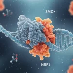 Visualizzazione artistica 3D del fattore di trascrizione NRF1 che interagisce con un filamento di DNA all'interno del nucleo cellulare, con molecole di SMOX e acroleina fluttuanti sullo sfondo. Stile fotorealistico, prime lens 35mm, profondità di campo, illuminazione drammatica.