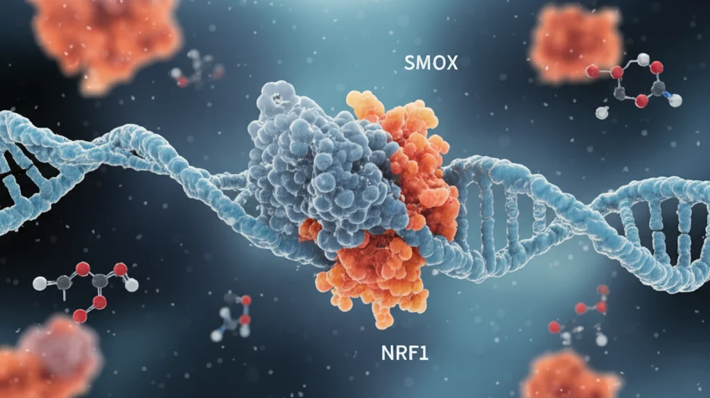 Visualizzazione artistica 3D del fattore di trascrizione NRF1 che interagisce con un filamento di DNA all'interno del nucleo cellulare, con molecole di SMOX e acroleina fluttuanti sullo sfondo. Stile fotorealistico, prime lens 35mm, profondità di campo, illuminazione drammatica.