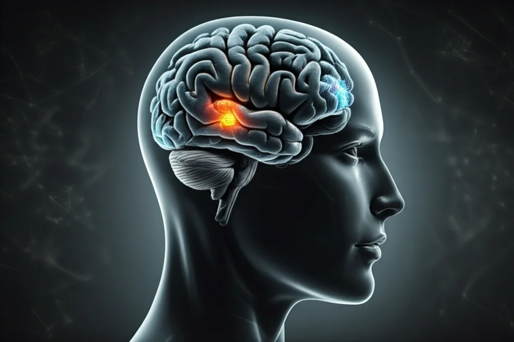 Visualizzazione fotorealistica avanzata di un cervello umano con aree evidenziate digitalmente da un'intelligenza artificiale per la rilevazione di tumori. Obiettivo prime 35mm, profondità di campo, illuminazione drammatica stile film noir per enfatizzare la serietà e la tecnologia.