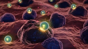 Visualizzazione fotorealistica del microambiente tumorale del cancro del colon-retto, obiettivo macro 80mm, con linfociti T (sfere luminose astratte) che interagiscono con cellule tumorali scure e irregolari, illuminazione drammatica e controllata, alto dettaglio, focus preciso sui linfociti.