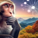 Immagine composita artistica e scientifica: un macaco rhesus pensieroso guarda verso l'orizzonte dove si fondono quattro paesaggi rappresentanti le stagioni. Sovrapposta, una rete luminosa di connessioni geniche (SOGs) collega il macaco ai paesaggi. Obiettivo prime 35mm, profondità di campo, illuminazione suggestiva che cambia colore attraverso le stagioni simulate, effetto leggermente onirico.