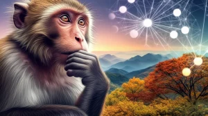 Immagine composita artistica e scientifica: un macaco rhesus pensieroso guarda verso l'orizzonte dove si fondono quattro paesaggi rappresentanti le stagioni. Sovrapposta, una rete luminosa di connessioni geniche (SOGs) collega il macaco ai paesaggi. Obiettivo prime 35mm, profondità di campo, illuminazione suggestiva che cambia colore attraverso le stagioni simulate, effetto leggermente onirico.