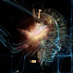 Immagine concettuale astratta che rappresenta l'intersezione tra identità umana e intelligenza artificiale, con elementi digitali simili a circuiti e forme organiche fluide che si fondono insieme, stile fotorealistico, obiettivo 50mm, profondità di campo ridotta per focalizzare il punto di fusione.