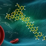Immagine concettuale fotorealistica: una molecola di Crisosplenetina (struttura chimica stilizzata) che interagisce con un parassita della malaria (Plasmodium) all'interno di un globulo rosso, su uno sfondo astratto che rappresenta dati metabolomici e vie biochimiche degli amminoacidi. Obiettivo prime 35mm, profondità di campo accentuata, toni scientifici blu e verdi con accenti dorati per la Crisosplenetina.