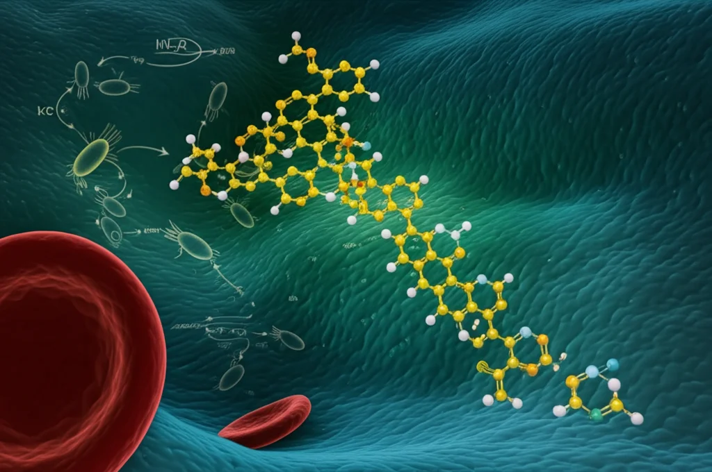 Immagine concettuale fotorealistica: una molecola di Crisosplenetina (struttura chimica stilizzata) che interagisce con un parassita della malaria (Plasmodium) all'interno di un globulo rosso, su uno sfondo astratto che rappresenta dati metabolomici e vie biochimiche degli amminoacidi. Obiettivo prime 35mm, profondità di campo accentuata, toni scientifici blu e verdi con accenti dorati per la Crisosplenetina.