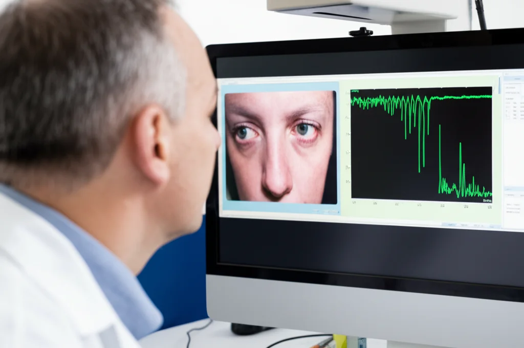 Immagine fotorealistica di un neurologo che osserva attentamente i movimenti oculari su un monitor di video-oculografia che mostra tracce saccadiche, obiettivo primario 50mm, profondità di campo focalizzata sullo schermo del monitor, ambiente professionale.