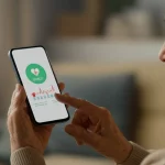 Primo piano di uno smartphone che mostra un'app per la salute con grafici di monitoraggio colorati (battito cardiaco, passi), tenuto in mano da una persona anziana sorridente in un ambiente domestico confortevole e luminoso. Luce naturale morbida, obiettivo prime 35mm, profondità di campo ridotta per focalizzare sull'interazione uomo-tecnologia.