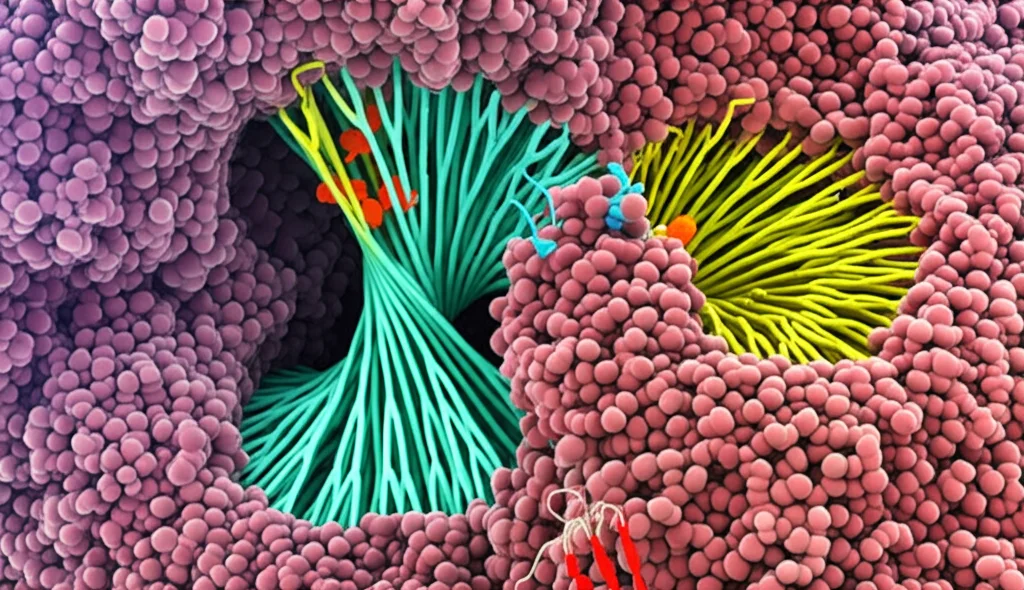 Rappresentazione artistica e scientifica dell'attivazione del recettore PAR1 sulla membrana cellulare da parte della trombina. Vista macro, 70mm, alta definizione, illuminazione focalizzata sulla scissione proteolitica e sul ligando 'ancorato' che si lega al recettore, sfondo astratto bio-cellulare.