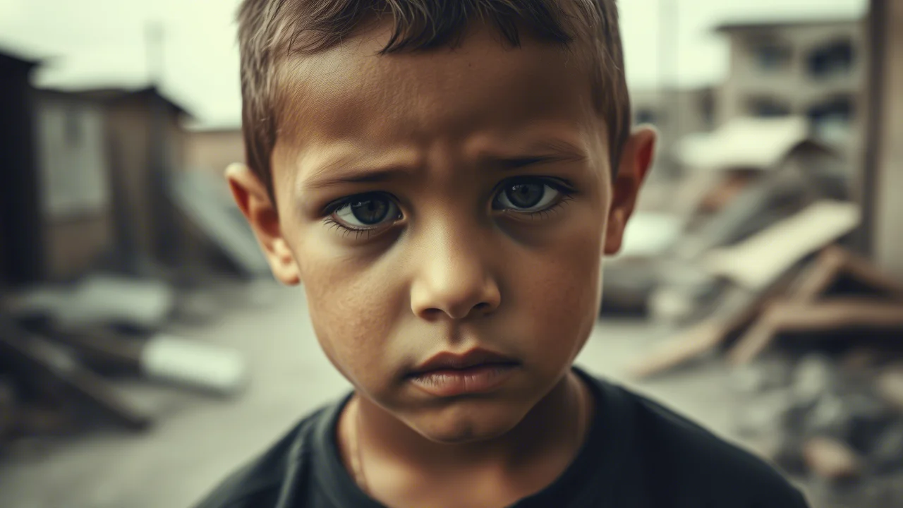 Ritratto intenso di un bambino (circa 10 anni) con espressione resiliente ma riflessiva, ambientazione esterna sfocata che suggerisce difficoltà ma non distruzione esplicita, obiettivo 50mm, profondità di campo ridotta, bianco e nero cinematografico (film noir).