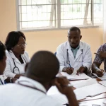 Team medico multidisciplinare (chirurghi, anestesisti, infermieri) ruandese in una sala riunioni luminosa del CHUK, Kigali, discute animatamente attorno a un tavolo con documenti del protocollo ERAS. Focus sui volti concentrati e collaborativi, prime lens 35mm, depth of field, luce naturale filtrata da una finestra.