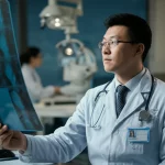 Un medico cinese in un ospedale moderno e affollato esamina una radiografia digitale su uno schermo luminoso ad alta definizione. Fotografia ritratto (Prime lens, 35mm), profondità di campo (Depth of field) che sfoca leggermente lo sfondo dell'ospedale, illuminazione controllata che evidenzia il volto concentrato del medico e lo schermo. Colori realistici ma leggermente desaturati per un look professionale.