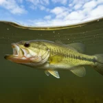 Un persico trota (Largemouth bass), simbolo di una specie che potrebbe espandersi, nuota in un fiume del Midwest USA. L'acqua riflette un cielo parzialmente nuvoloso, suggerendo un clima variabile. Fotografia naturalistica subacquea, obiettivo zoom 120mm, messa a fuoco precisa sul pesce, sfondo leggermente sfocato (profondità di campo), luce naturale.