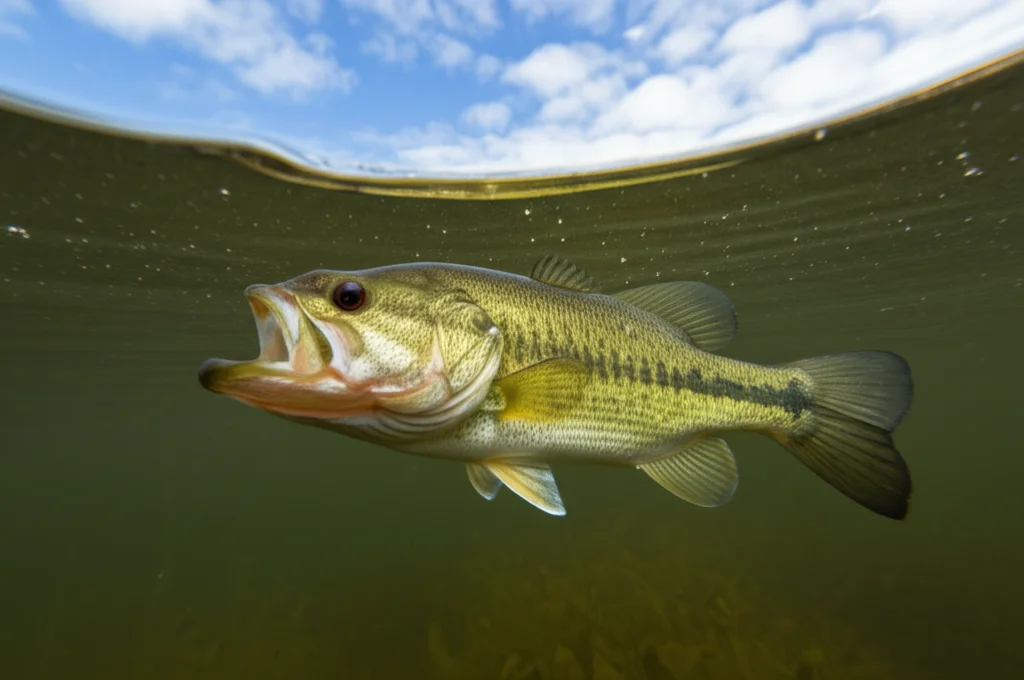Un persico trota (Largemouth bass), simbolo di una specie che potrebbe espandersi, nuota in un fiume del Midwest USA. L'acqua riflette un cielo parzialmente nuvoloso, suggerendo un clima variabile. Fotografia naturalistica subacquea, obiettivo zoom 120mm, messa a fuoco precisa sul pesce, sfondo leggermente sfocato (profondità di campo), luce naturale.