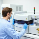 Fotografia di un moderno laboratorio ospedaliero, obiettivo prime 35mm, con un tecnico che analizza campioni usando macchinari avanzati come Xpert Carba-R; luce controllata, profondità di campo che sfoca leggermente lo sfondo, simboleggiando l'innovazione nella diagnosi rapida delle infezioni resistenti.