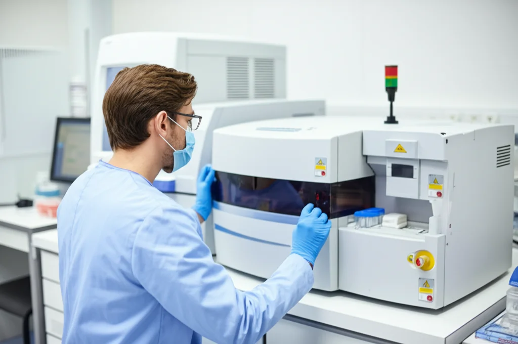 Fotografia di un moderno laboratorio ospedaliero, obiettivo prime 35mm, con un tecnico che analizza campioni usando macchinari avanzati come Xpert Carba-R; luce controllata, profondità di campo che sfoca leggermente lo sfondo, simboleggiando l'innovazione nella diagnosi rapida delle infezioni resistenti.