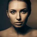 Fotografia drammatica di ritratto di una cantante femminile, metà del viso illuminata che suggerisce uno stile classico (illuminazione morbida e morbida), l'altra metà che suggerisce uno stile jazz (più contrasto, forse un accenno di un'ombra di microfono vintage), lenti da 35 mm, profondità di campo, seppia e duotoni blu.