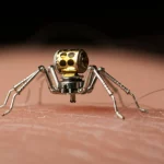 Fotografia macro ad altissima definizione di un minuscolo robot medico a forma di ragno che si muove delicatamente su un tessuto simulato simile a quello umano, obiettivo macro 105mm, illuminazione da studio controllata per enfatizzare i dettagli metallici e la texture del tessuto, focus preciso sul robot.