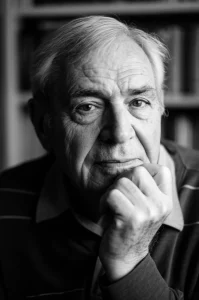 Fotografia ritratto di un uomo anziano (70 anni circa) dall'aria intellettuale e gentile, forse Martin Downer. Luce laterale morbida che evidenzia le linee del viso. Sfondo leggermente sfocato che potrebbe suggerire uno studio o una libreria. Stile bianco e nero filmico, obiettivo prime 35mm, profondità di campo media per mantenere il soggetto a fuoco ma ammorbidire lo sfondo.