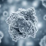 Immagine concettuale astratta che rappresenta la molecola della proteina CHRDL1 interagente con recettori cellulari su cellule tumorali polmonari, sfondo sfocato di tessuto polmonare. Prime lens, 35mm, depth of field, duotone blu e argento.