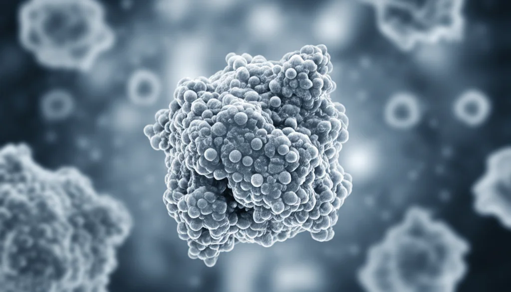 Immagine concettuale astratta che rappresenta la molecola della proteina CHRDL1 interagente con recettori cellulari su cellule tumorali polmonari, sfondo sfocato di tessuto polmonare. Prime lens, 35mm, depth of field, duotone blu e argento.