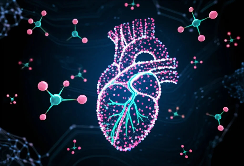 Immagine fotorealistica di un cuore stilizzato composto da molecole colorate e luminose che fluttuano e si interconnettono su uno sfondo scuro high-tech, simboleggiando l'analisi complessa del metaboloma e lipidoma cardiaco tramite spettrometria di massa, illuminazione drammatica, alta definizione molecolare.