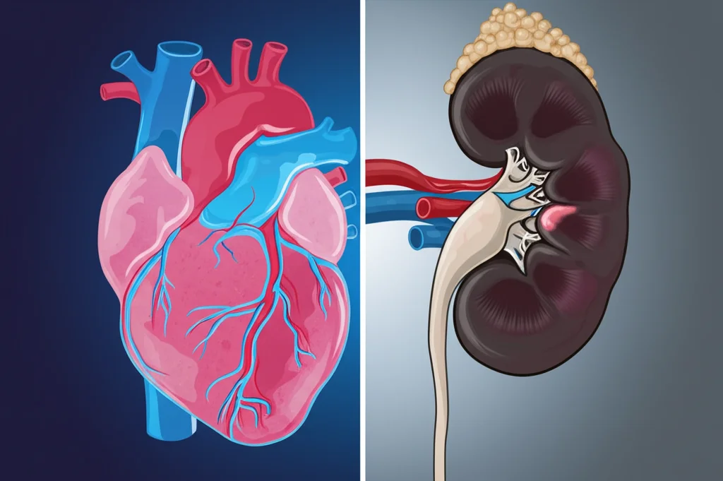 Immagine fotorealistica, prime lens, 35mm, che mostra un concetto diviso: da un lato, un'illustrazione di cuore e reni sani con colori vivaci; dall'altro, gli stessi organi con sottili segni di stress metabolico (leggera visualizzazione di deposito di grasso), effetto duotone blu e grigio, profondità di campo.