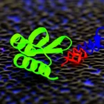 Immagine macrofotografica (obiettivo 85mm) ad alta definizione di nanoparticelle luminescenti (punti quantici) e nanoparticelle magnetiche aggregate su una superficie stilizzata, con una molecola proteica (Troponina I) che si lega a un aptamero. Illuminazione controllata che enfatizza la fluorescenza 'turn-on'. Profondità di campo ridotta per isolare il complesso.