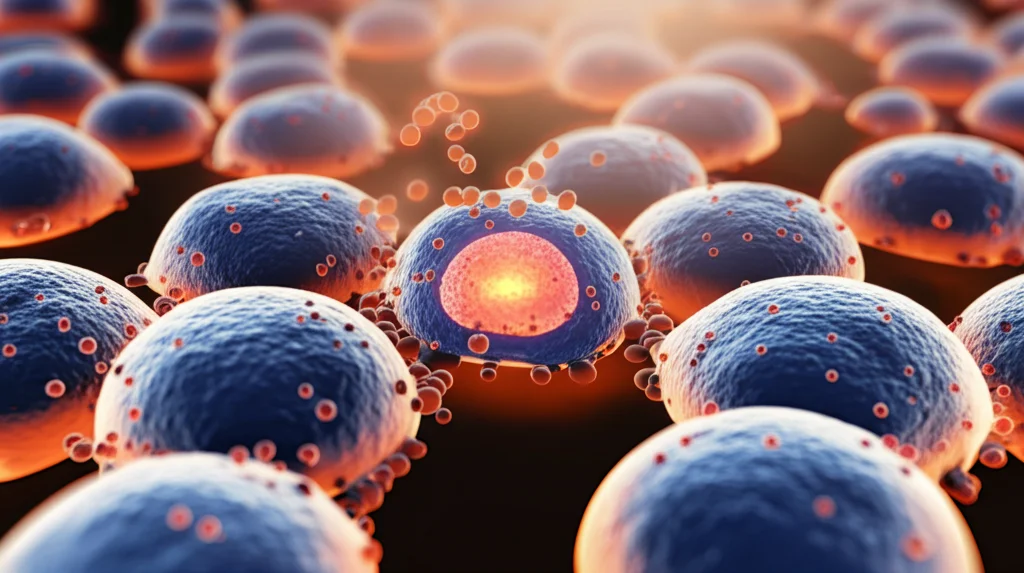 Illustrazione concettuale fotorealistica di cellule tumorali prostatiche (in blu scuro) in un microambiente. Una cellula al centro (con PGC1α attivo, magari leggermente più luminosa) rilascia molecole (rappresentanti SRM inibito o altri segnali, in rosso/arancio) che si diffondono verso le cellule circostanti, inducendo un rallentamento della loro crescita (visibile da una minore densità o attività). Lente prime 35mm, profondità di campo per focalizzare sull'interazione cellulare, duotono blu e arancio.