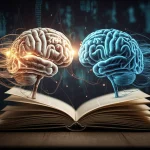 Illustrazione concettuale fotorealistica di un cervello umano e un cervello digitale (AI) interconnessi da fili luminosi, su uno sfondo di pagine di libri e dati digitali astratti. Illuminazione drammatica, high detail, lente prime 50mm, profondità di campo accentuata.