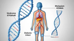 Illustrazione medica concettuale che mostra una figura stilizzata con evidenziate le aree del corpo colpite dalla Sindrome di Kabuki (viso, scheletro) e dal diabete (pancreas, flusso sanguigno con glucosio). Accanto, una doppia elica di DNA con enfasi sulla mutazione KDM6A. Prime lens, 35mm, depth of field, colori blu e arancio in duotone per rappresentare gli aspetti clinici e genetici.