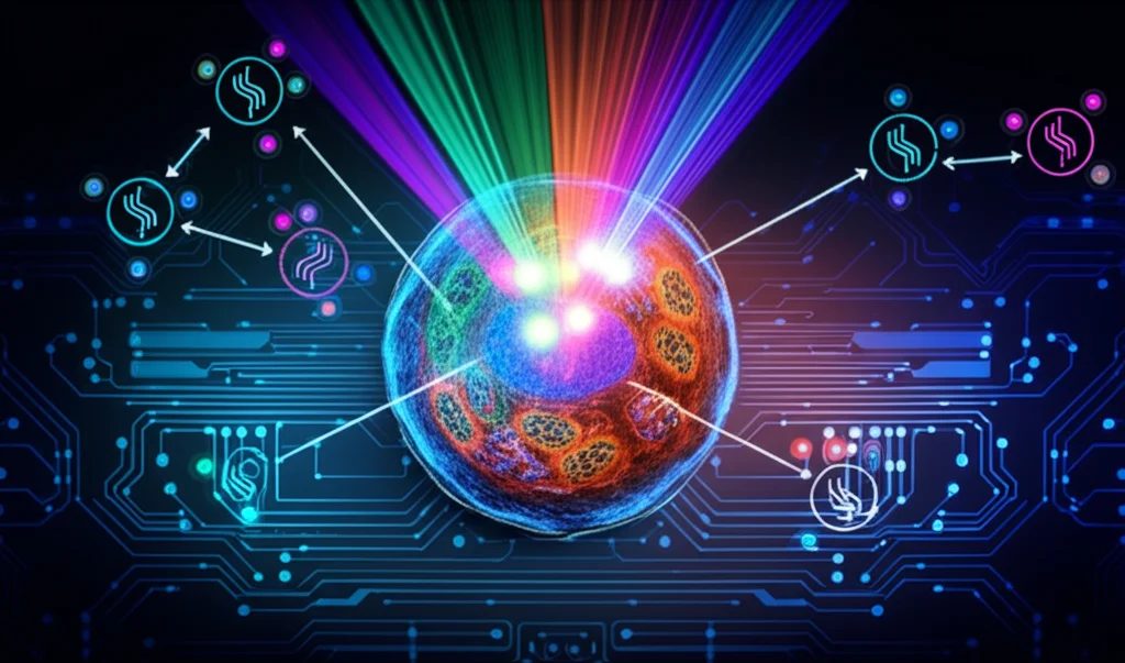 Immagine concettuale di Cell Painting PLUS: una cellula umana al centro illuminata da fasci di luce colorata (blu, verde, rosso, arancione, viola, ciano) che colpiscono selettivamente diversi organelli interni (nucleo, mitocondri, RE, Golgi, lisosomi, actina, RNA). Attorno alla cellula, icone stilizzate rappresentano i cicli di colorazione, imaging ed eluzione. Sfondo scuro high-tech. Obiettivo prime 35mm, profondità di campo, illuminazione drammatica che enfatizza i dettagli interni della cellula.