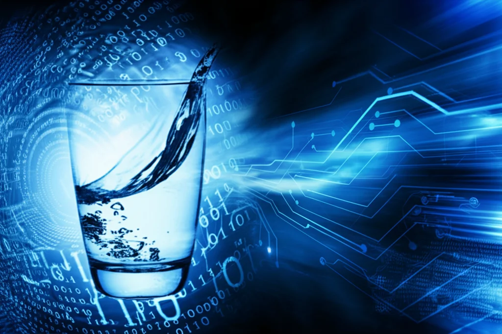 Immagine concettuale di un flusso di dati digitali blu che si trasforma in acqua limpida che scorre in un bicchiere, simboleggiando l'interpretazione automatizzata dei dati sulla qualità dell'acqua tramite deep learning. Illuminazione drammatica, sfondo tecnologico astratto.