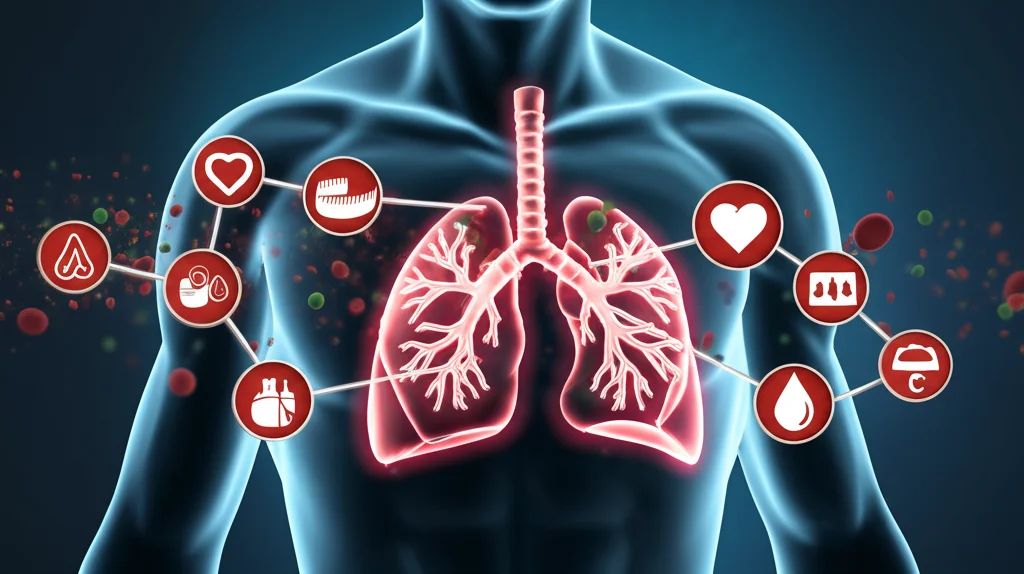 Immagine concettuale fotorealistica che mostra particelle di PM2.5 stilizzate che entrano nei polmoni e si collegano simbolicamente a icone della sindrome metabolica (cuore, goccia di sangue, bilancia, metro). Obiettivo prime 50mm, profondità di campo ridotta, illuminazione drammatica.
