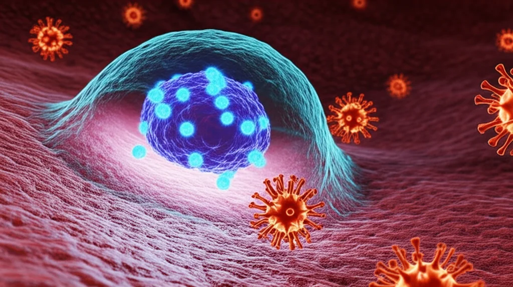 Immagine concettuale fotorealistica: una cellula stromale mesenchimale (MSC) ingegnerizzata, visibile al centro, rilascia piccole proteine miniACE2 (rappresentate come particelle luminose blu) che intercettano e si legano a particelle virali SARS-CoV-2 (rosse con spike) fluttuanti in prossimità di tessuto polmonare stilizzato. Alto dettaglio, messa a fuoco precisa sulla cellula e sulle interazioni proteina-virus, illuminazione controllata drammatica, lente macro 105mm.