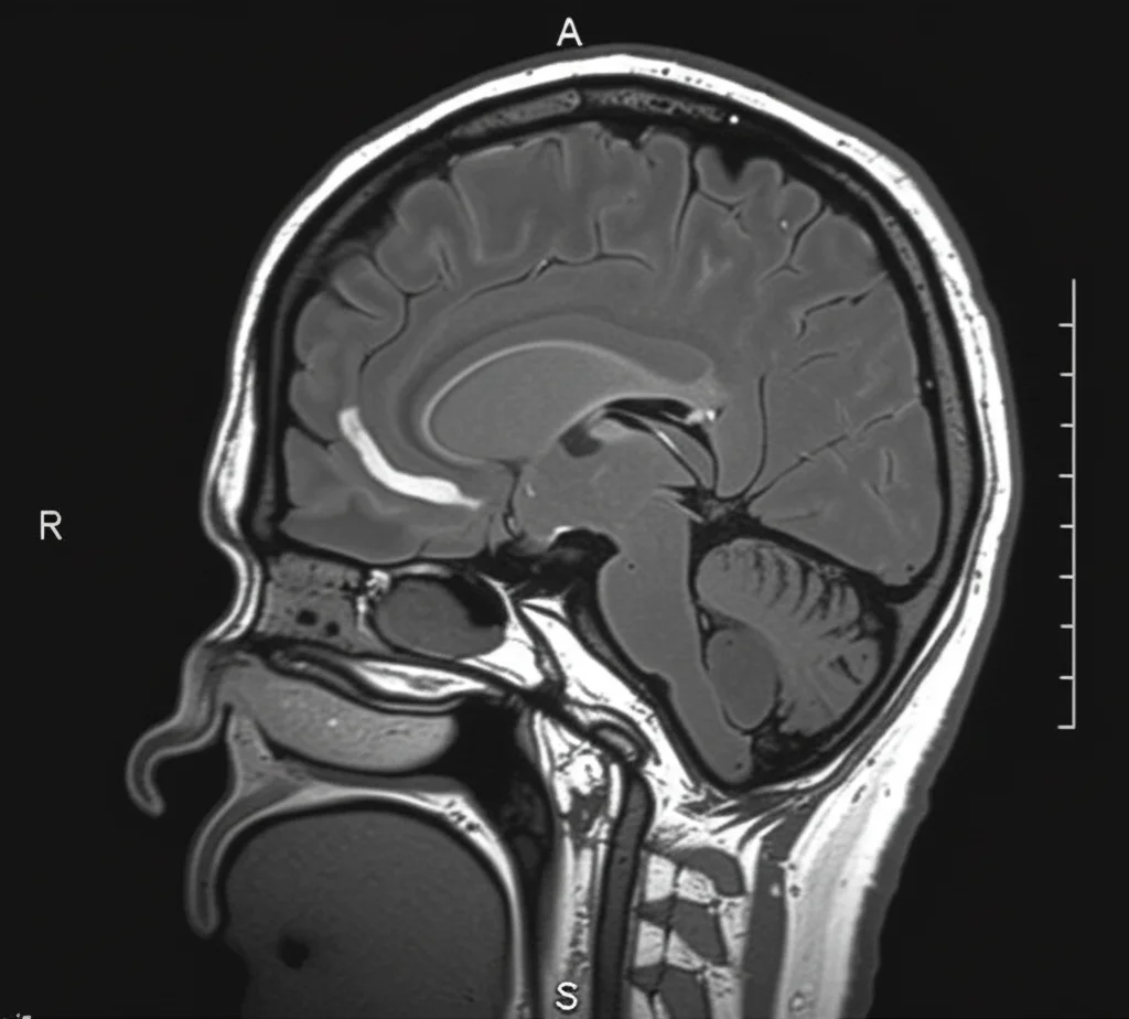 Immagine fotorealistica di una risonanza magnetica cerebrale (MRI) in sezione sagittale che evidenzia le caratteristiche 'dita di Dawson', lesioni iperintense ovoidali perpendicolari al corpo calloso, indicative di sclerosi multipla. Obiettivo prime 35mm, profondità di campo, illuminazione laterale per accentuare i dettagli delle lesioni, sfondo scuro.