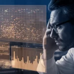 Immagine fotorealistica, lente prime, 35mm, profondità di campo, che mostra un'interfaccia computer sofisticata che visualizza dati complessi di previsione climatica (come mappe o grafici SPEI), con sottili riflessi di uno scienziato preoccupato che guarda lo schermo. Effetto duotone utilizzando blu profondo e ambra.