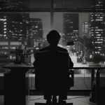 Immagine fotorealistica stile film noir di una persona seduta da sola a una scrivania in un ufficio scarsamente illuminato, vista di spalle, guarda fuori dalla finestra una città notturna. Rappresenta la riflessione sulla salute mentale e il lavoro. Obiettivo 35mm, bianco e nero, profondità di campo.