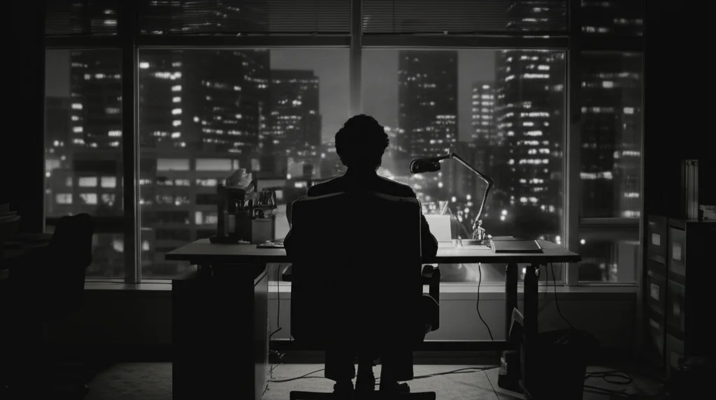 Immagine fotorealistica stile film noir di una persona seduta da sola a una scrivania in un ufficio scarsamente illuminato, vista di spalle, guarda fuori dalla finestra una città notturna. Rappresenta la riflessione sulla salute mentale e il lavoro. Obiettivo 35mm, bianco e nero, profondità di campo.