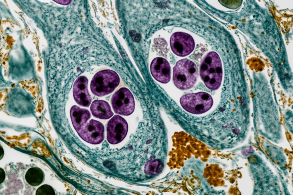 Immagine macro fotorealistica di cellule tiroidee al microscopio elettronico, evidenziando dettagli ultrastrutturali potenzialmente legati al carcinoma papillare. Illuminazione scientifica ad alto contrasto, lente macro 105mm, messa a fuoco estremamente precisa sui dettagli cellulari.