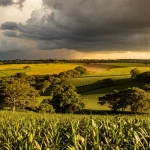 Paesaggio agricolo brasiliano resiliente al cambiamento climatico, che mostra una combinazione di colture diverse (mais, legumi, alberi sparsi) e sistemi agroforestali sotto un cielo drammatico con nuvole temporalesche in lontananza ma sole che illumina i campi, obiettivo grandangolare 18mm, luce dorata del tardo pomeriggio, sharp focus su tutto il paesaggio, sensazione di adattamento e speranza di fronte agli eventi estremi.