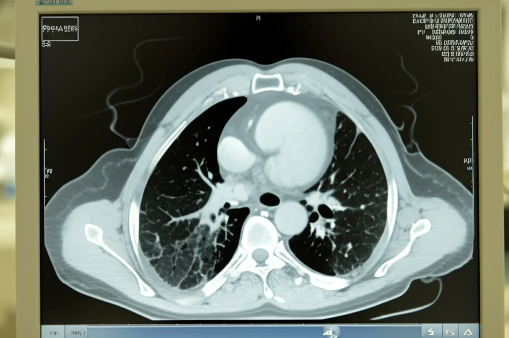 Primo piano di una TAC polmonare visualizzata su uno schermo medicale ad alta definizione in una sala radiologica moderna e luminosa. Si notano dettagli anatomici dei polmoni e delle vie aeree. Obiettivo macro 90mm, high detail, precise focusing, luce ambientale controllata.