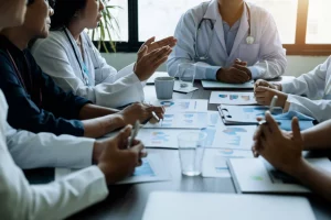 Un gruppo eterogeneo di manager sanitari e medici discute animatamente attorno a un tavolo da conferenza, con grafici e documenti sparsi. Alcuni sembrano concordi, altri scettici. Obiettivo zoom 35mm, luce naturale da grandi finestre, profondità di campo media per includere il gruppo ma mantenere il focus sulla dinamica.