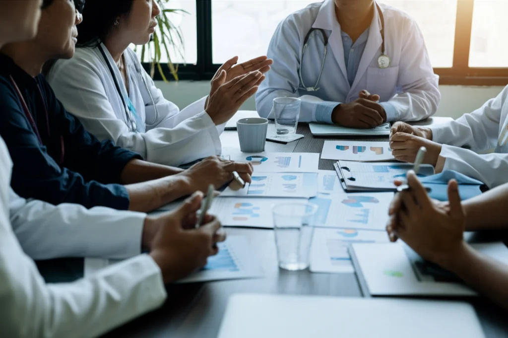 Un gruppo eterogeneo di manager sanitari e medici discute animatamente attorno a un tavolo da conferenza, con grafici e documenti sparsi. Alcuni sembrano concordi, altri scettici. Obiettivo zoom 35mm, luce naturale da grandi finestre, profondità di campo media per includere il gruppo ma mantenere il focus sulla dinamica.