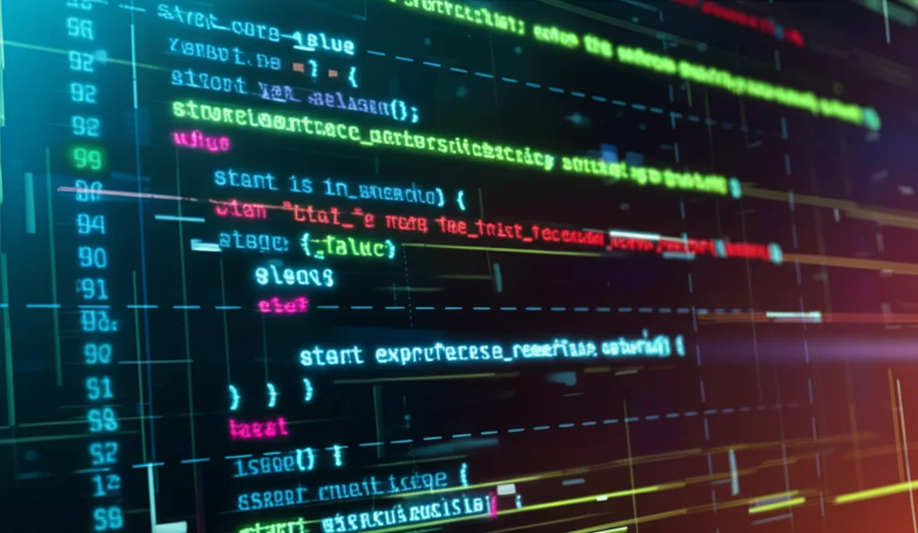 Visualizzazione astratta 3D di un codice sorgente di smart contract Ethereum analizzato da un'intelligenza artificiale, con linee luminose che evidenziano sezioni vulnerabili (rosse) e sicure (verdi), sfondo digitale scuro, illuminazione drammatica, lente prime 35mm, profondità di campo.
