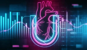 Visualizzazione astratta del cuore umano con linee luminose che rappresentano le arterie coronarie e un grafico a forma di U sovrapposto, stile high-tech, colori duotone ciano e magenta, profondità di campo.