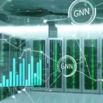 Visualizzazione high-tech di grafici di prezzi agricoli fluttuanti con sovrapposte reti neurali stilizzate (RNN e GNN), ambientazione futuristica di un data center agricolo, obiettivo 35mm, profondità di campo, toni blu e verdi duotone.