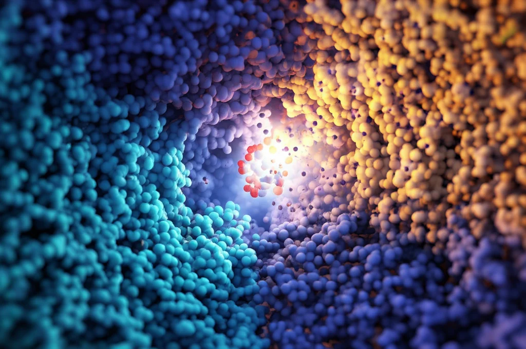 Visualizzazione scientifica fotorealistica, obiettivo 35mm prime, il complesso enzimatico DPOR che evidenzia il percorso asimmetrico del trasferimento di elettroni, mostrando gli elettroni che si muovono attraverso cluster Fe-S verso il substrato in una metà, mentre l'altra metà è inattiva, con il sito centrale di-rame che brilla sottilmente, profondità di campo, duotono blu e arancione.