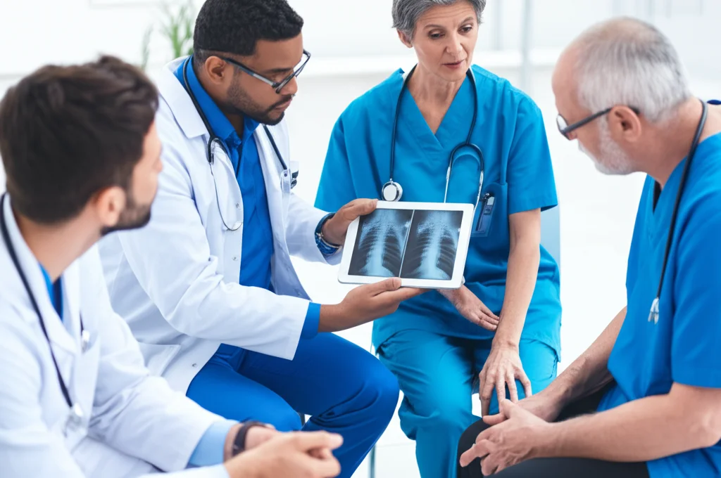Fotografia realistica di un gruppo diversificato di professionisti sanitari e sociali (medico, infermiere, assistente sociale, fisioterapista) in cerchio, che discutono animatamente ma costruttivamente il caso di un paziente con artrite infiammatoria, le cui radiografie sono visibili su un tablet al centro. Ambiente clinico moderno e luminoso. Obiettivo prime 35mm, profondità di campo, luce naturale morbida.