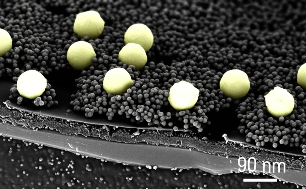 Immagine fotorealistica, macro 90mm, che mostra atomi singoli di nichel luminosi e nanocluster adiacenti su un supporto scuro e stratificato (Mo2TiAlC2), simboleggiando la catalisi concertata per la produzione di idrogeno, alta definizione, illuminazione controllata.